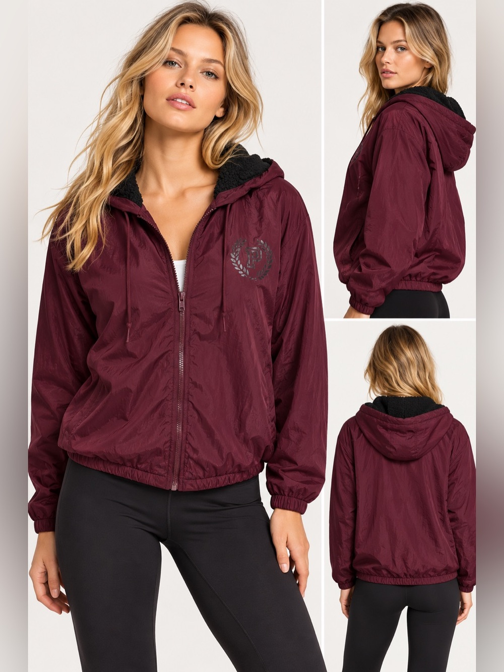 Victoria’s Secret PINK Sherpa Lined Anorak Windbreaker Jacket Burgundy Black XS